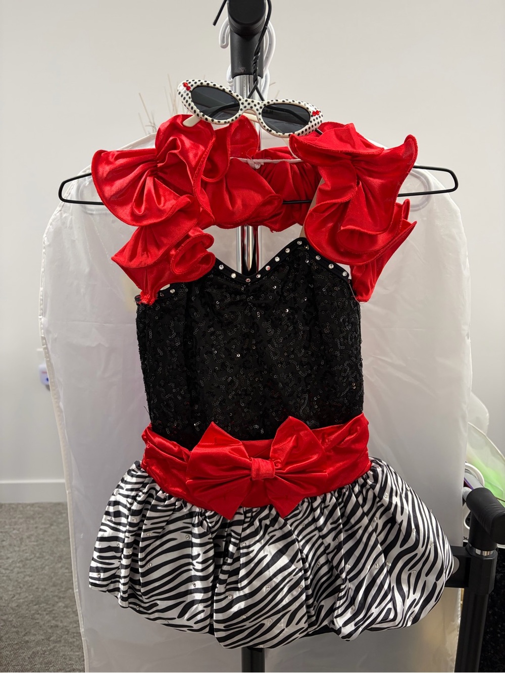 Kids Red & Black Zebra Dance Costume with Bow